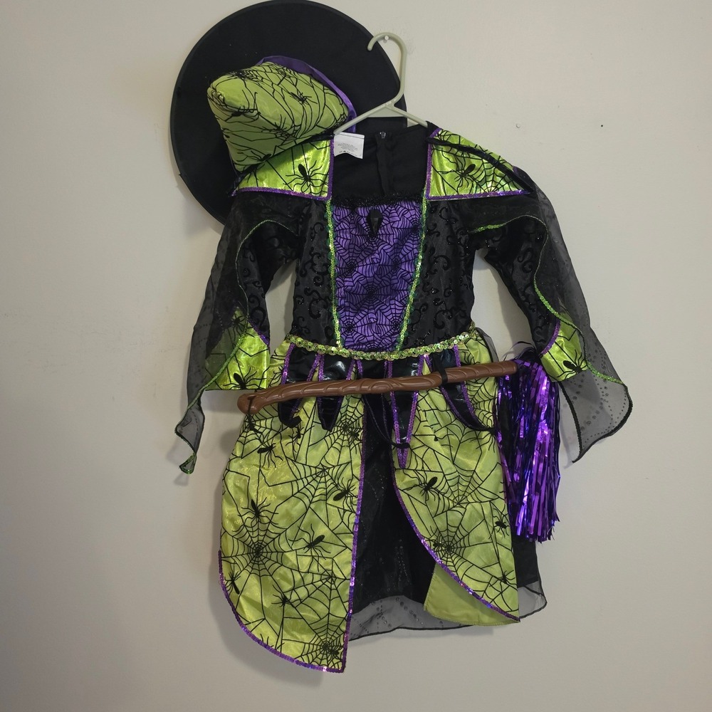 Teetot & Co. Witch Costume Girls Sz 7-8 Green Purple Spider Web Sequin Hat Broom